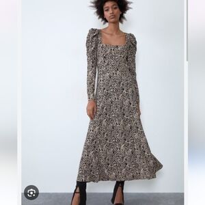 ZARA ANIMAL PRINT DRESS SQUARE NECKLINE PUFF SlEEVE MIDI DRESS